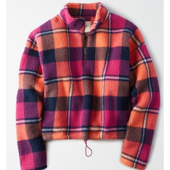 Ae Fuzzy Sherpa Plaid Quarter Zip Front 